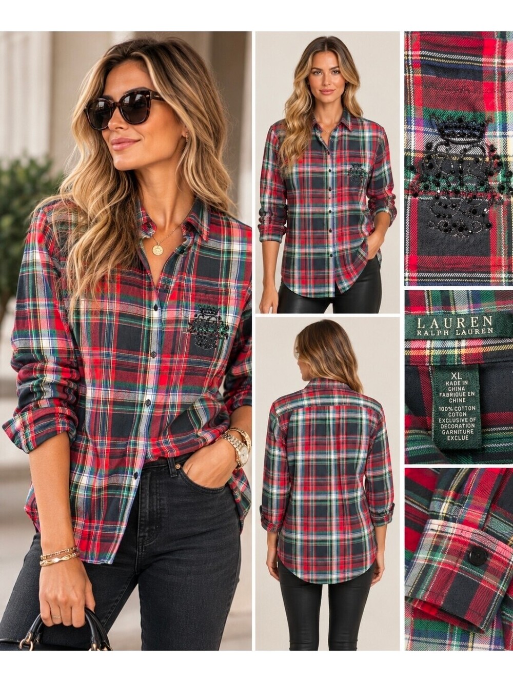 Lauren Ralph Lauren Women XL Tartan Plaid Beaded Crest Button Down Shirt Holiday